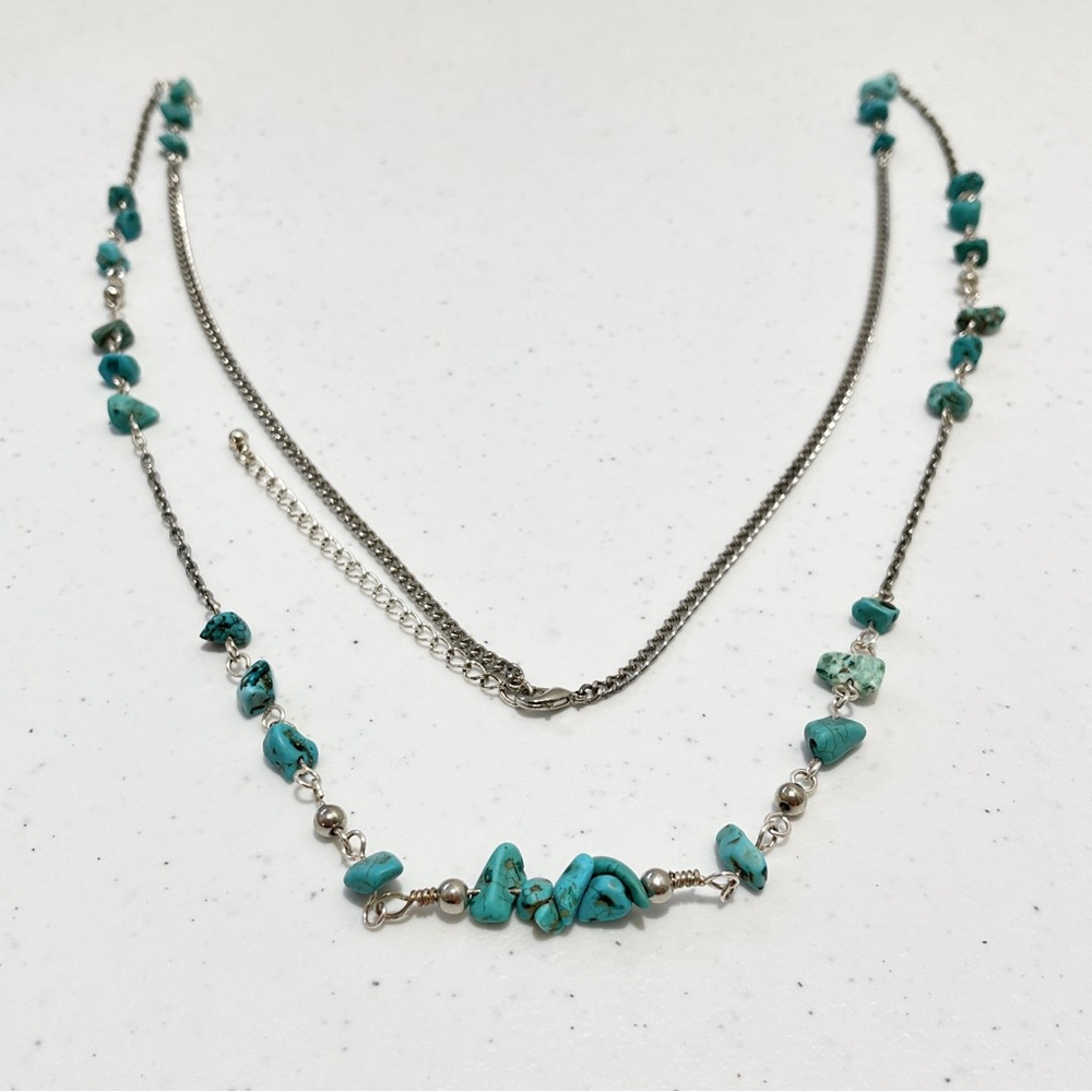Handmade Turquoise & Silver Color Rope Necklace 47 Inch Beaded Chain - Picture 3 of 9